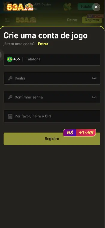 Cadastro rápido e seguro no 53A Cassino para jogadores brasileiros